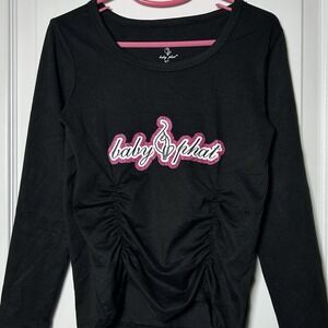 Baby Phat Girls' Black Pink Glitter Logo Ruched Long Sleeve Top Y2K Style